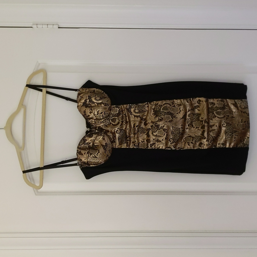 Bebe Black and Gold Lace Bustier Dress Size M